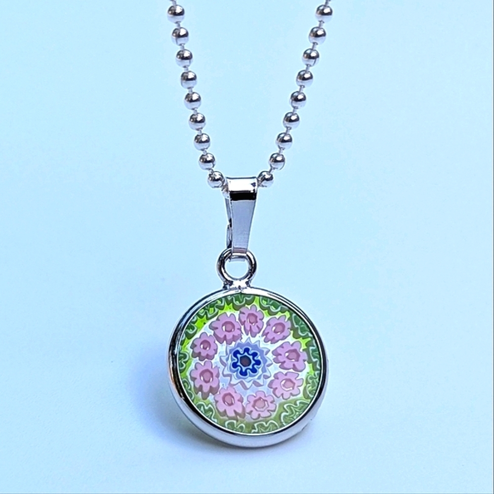 Italian Artisan Handcrafted Murano Millefiori Glass Pendant • Pink • Green